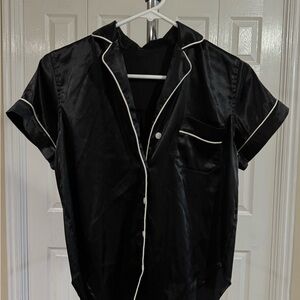 Black Satin Pajama Top with White Piping